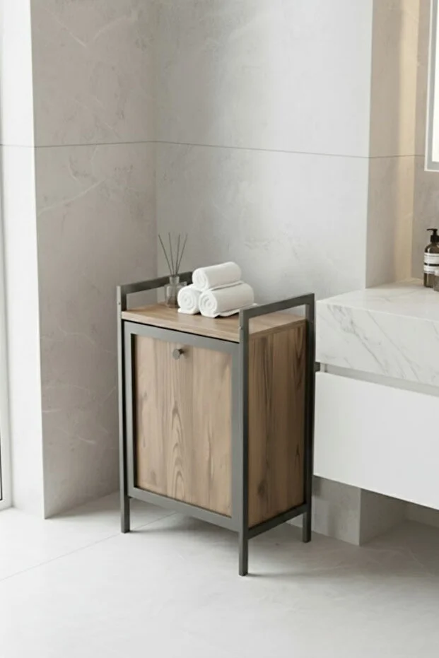 Metal Ahşap Banyo Düzenleyici Çamaşır Sepeti - Kirli Sepeti Ahşap Banyo Dolabı - Banyo Rafı
